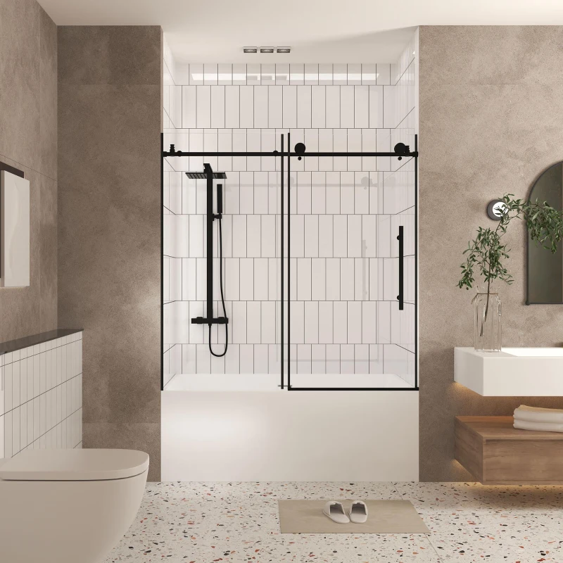 Frameless Sliding Shower Door with Smooth Quiet Stainless Steel Rollers & Round Tracks, Panel for Bathroom, 60" L x 0.5" W x 60" H, Matte Black