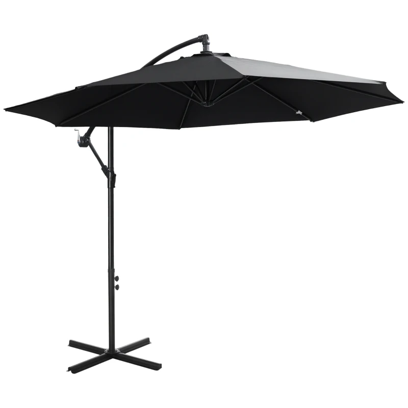 Outsunny 9.7ft Offset Patio UmbrellaCantilever Parasol with Crank Handle, 8 Ribs and Cross Base for Outdoor, Sun Shade, Black