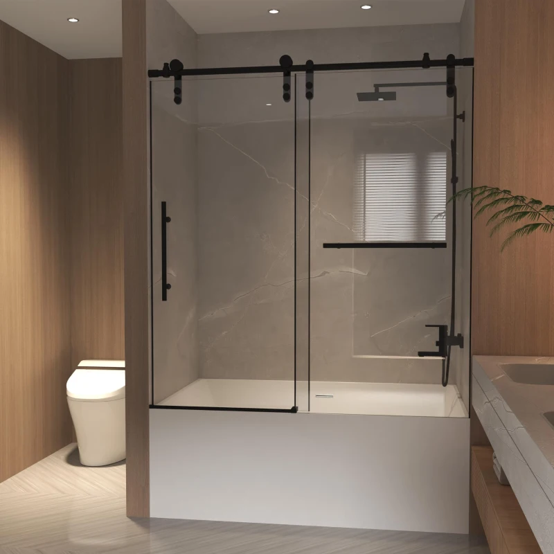 Sliding Bathtub Door with Waterproof Seals and Tempered Glass, Bathroom Door with Towel Bar Handle, 60" L x 0.5" W x 66" H, Matte Black