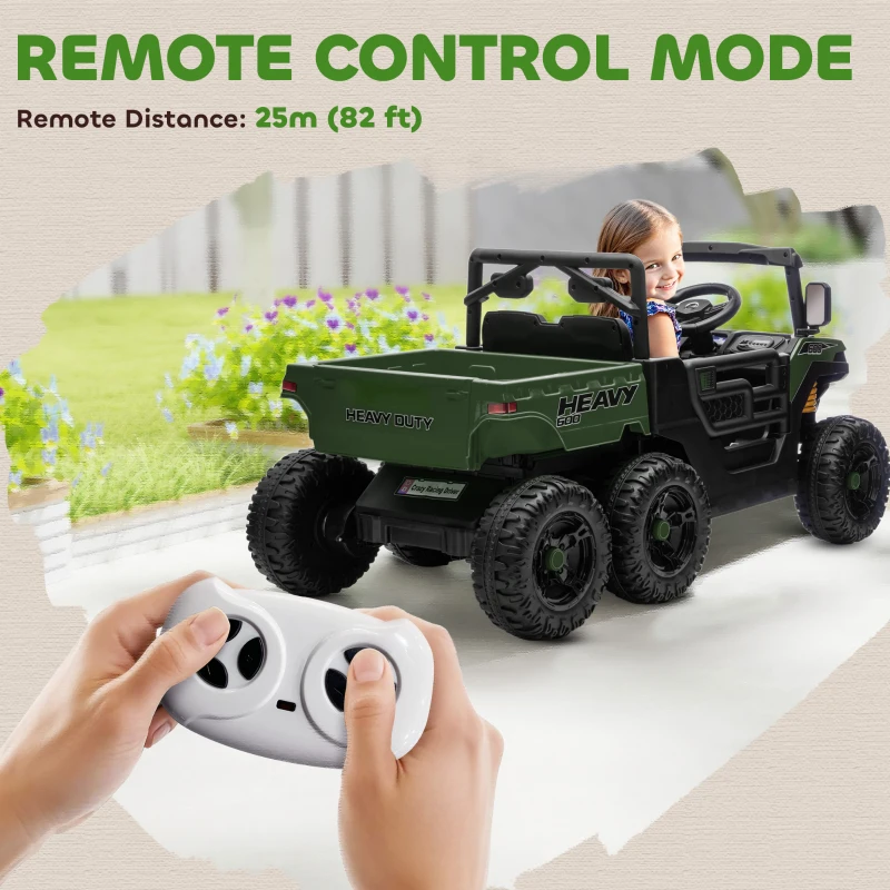 Qaba 24V 4WD Kids Ride On Truck with 6 Wheels Electric Ride On Car with Remote, Dump Bed for 3-8 Years, Green