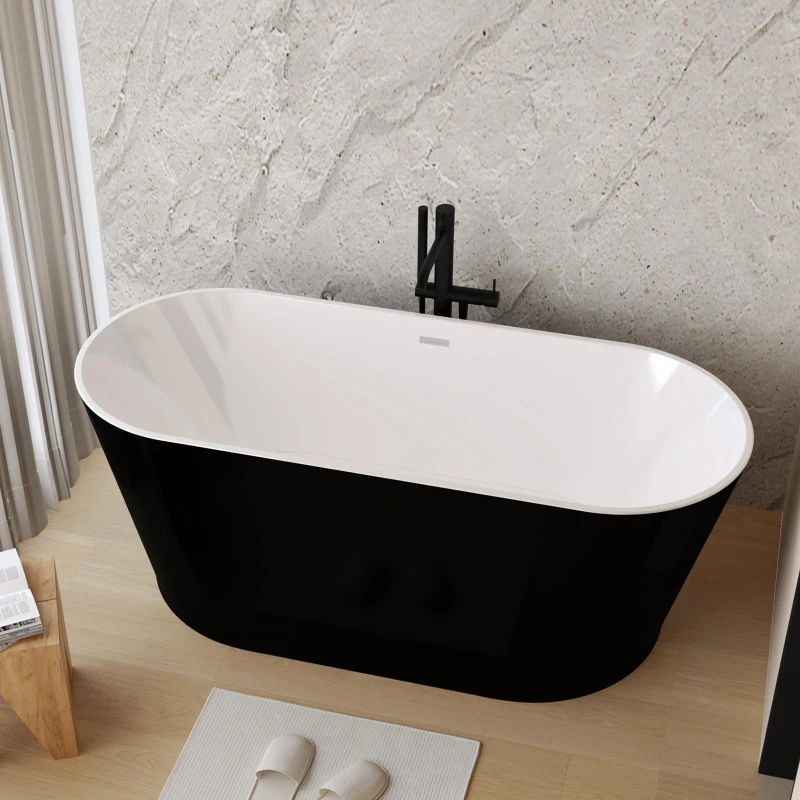 59" Acrylic Freestanding Soaking Bathtub with Double-Wall Insulation, Ergonomic Deep Tub for Heat Retention, 59" L x 29.5" W x 23" H, Black+White