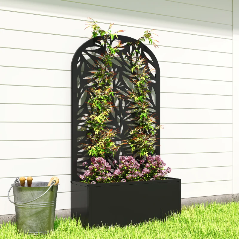 Outsunny Metal Garden Bed with Trellis for Climbing Plants, Freestanding or Wall Mounted Flower Bed for Garden, Patio, Balcony