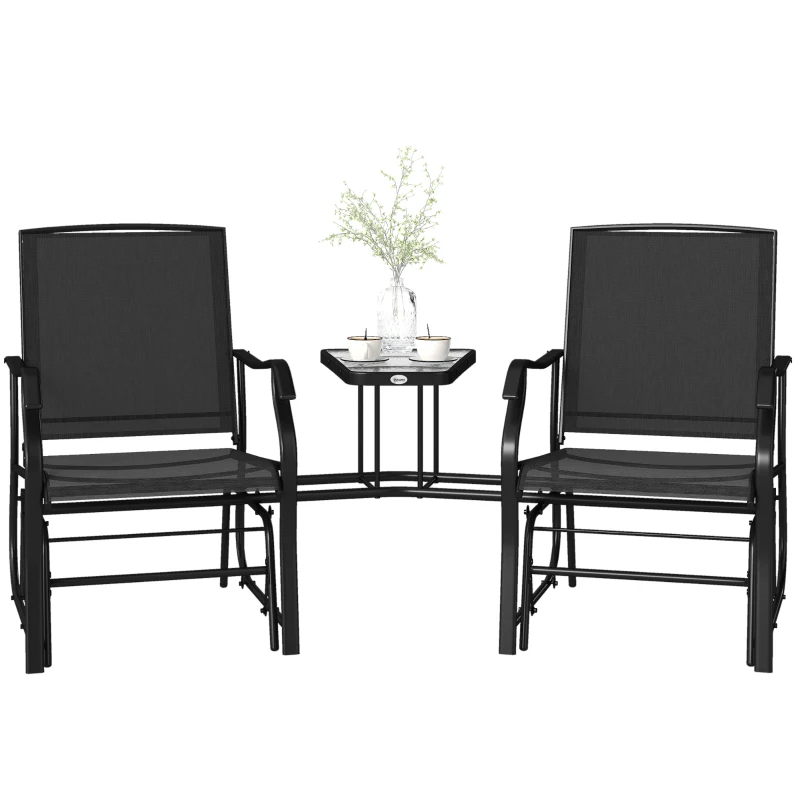 Outsunny Double Patio Glider Chair with Glass Top Center Table, Outdoor Glider Loveseat with High Back,  All Weather Breathable Mesh Fabric for Garden, Backyard, Deck, Black