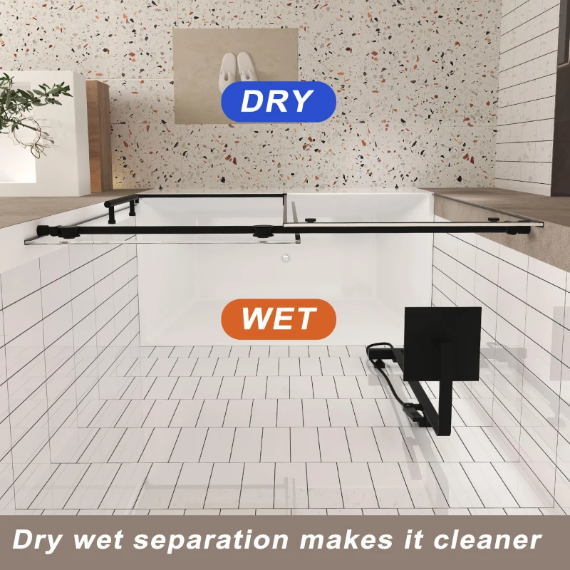 Frameless Sliding Shower Door with Smooth Quiet Stainless Steel Rollers & Round Tracks, Panel for Bathroom, 60" L x 0.5" W x 60" H, Matte Black