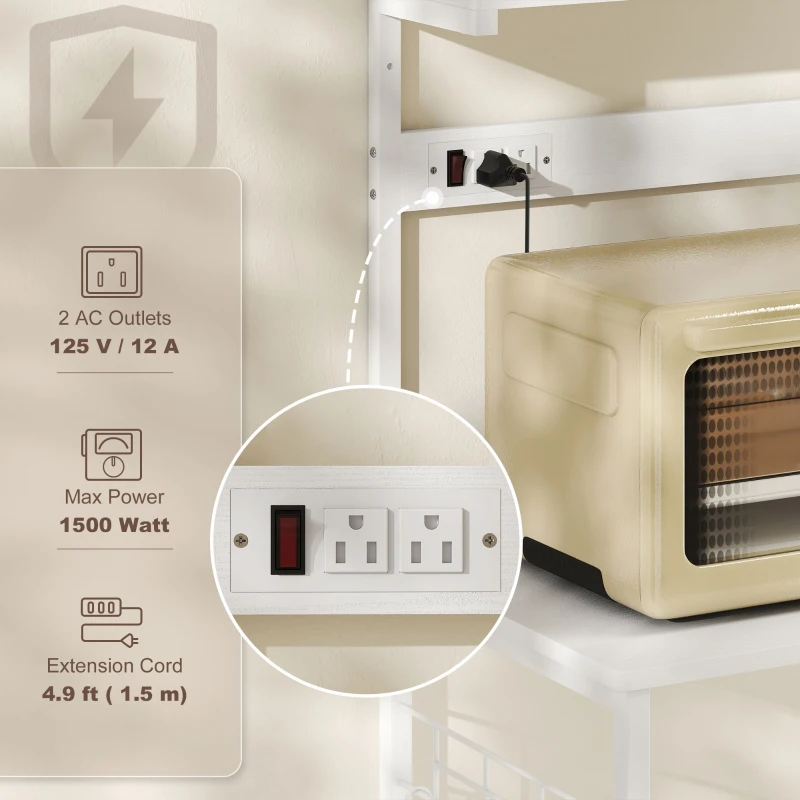 HOMCOM Kitchen Baker's Rack with Power Outlet, Coffee Bar Station with Adjustable Shelves and Hooks, Distressed White