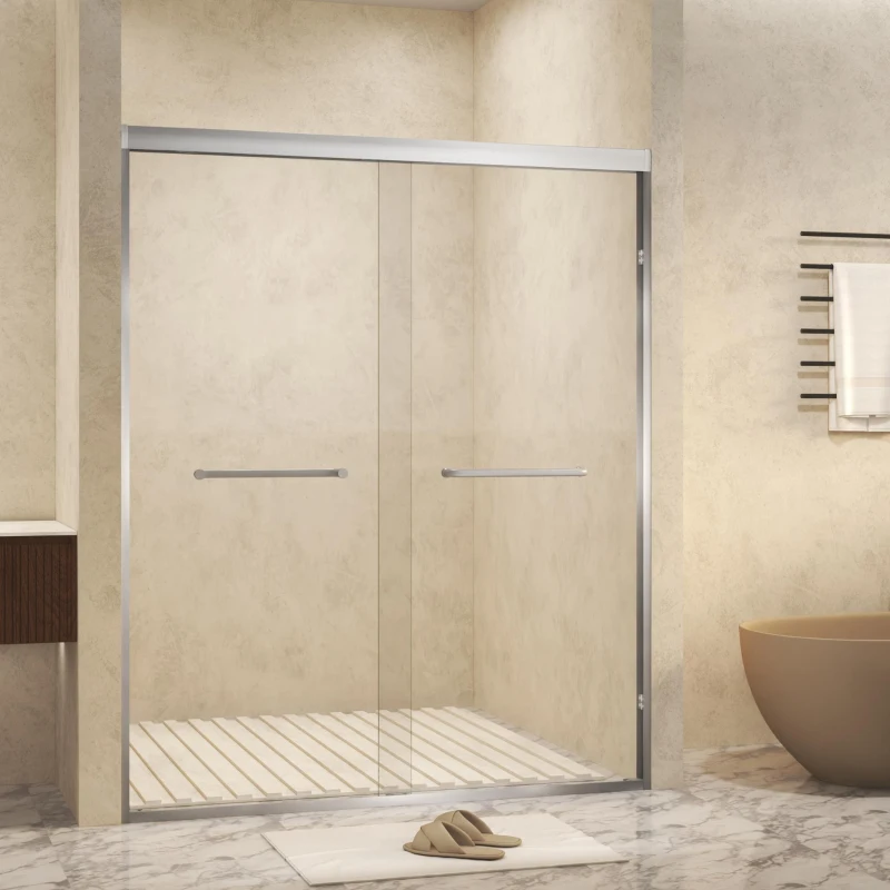 Double Sliding Shower Door with Explosion-Proof Safety Film, Durable Aluminum Panel for Bathroom, 54" L x 0.5" W x 72" H, Brushed Nickel