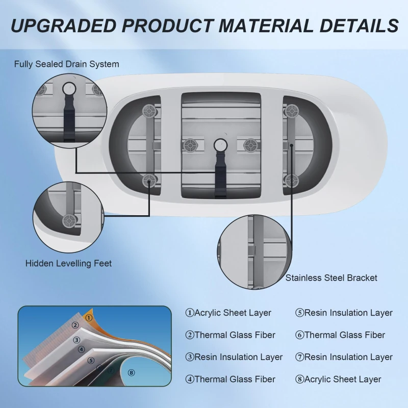 67" Acrylic Freestanding Tub with Adjustable Leveling Feet, Bathtub with Pop‑Up Drain & Overflow Included, 67" L x 29.5" W x 26" H, Gloss White