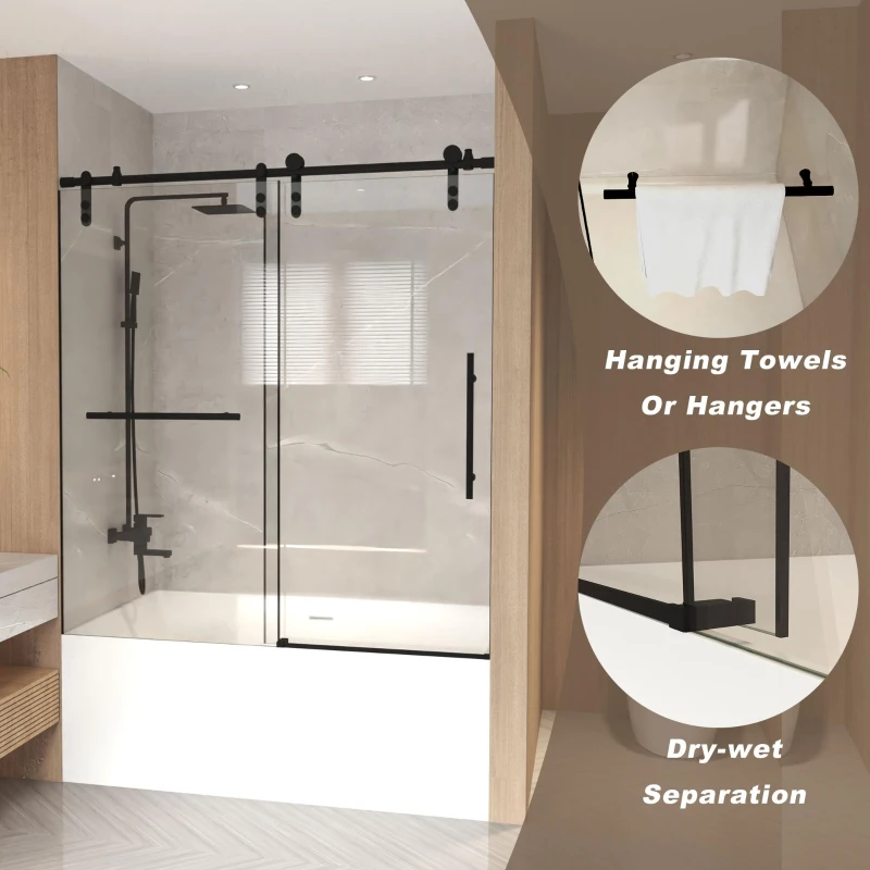 Sliding Bathtub Door with Waterproof Seals and Tempered Glass, Bathroom Door with Towel Bar Handle, 60" L x 0.5" W x 66" H, Matte Black