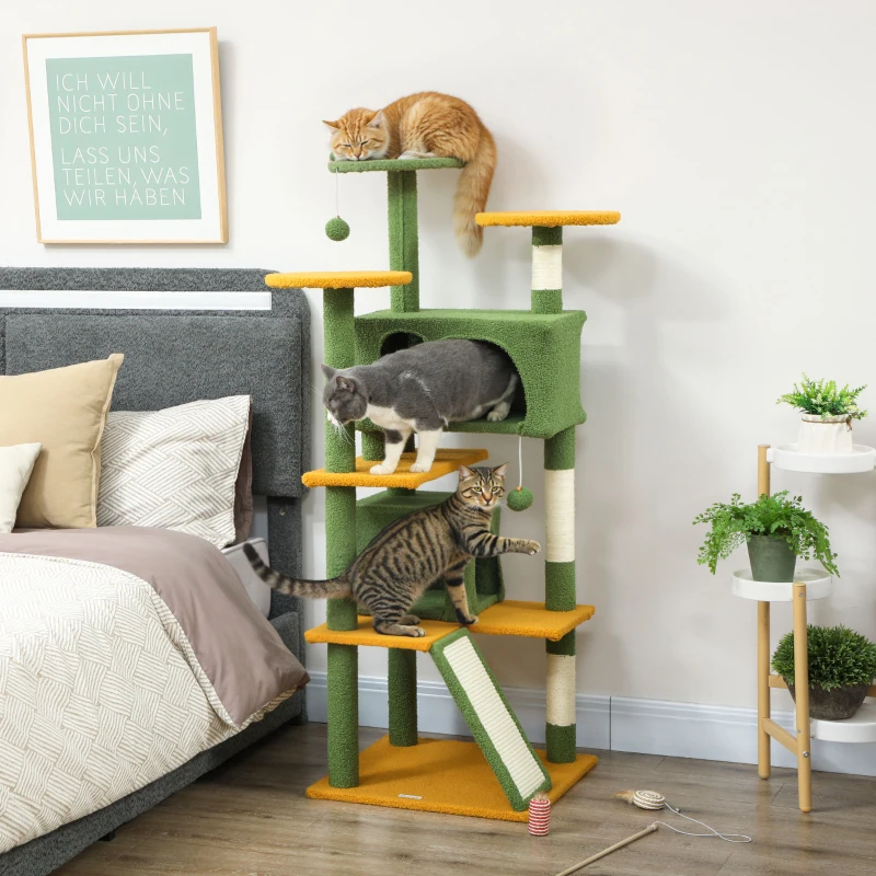 PawHut 54" Cat Tree, Multi-Level Cat Tower with Scratching Posts, Cat Condos, Bed, Platforms, Ramp, Toy Ball, Green