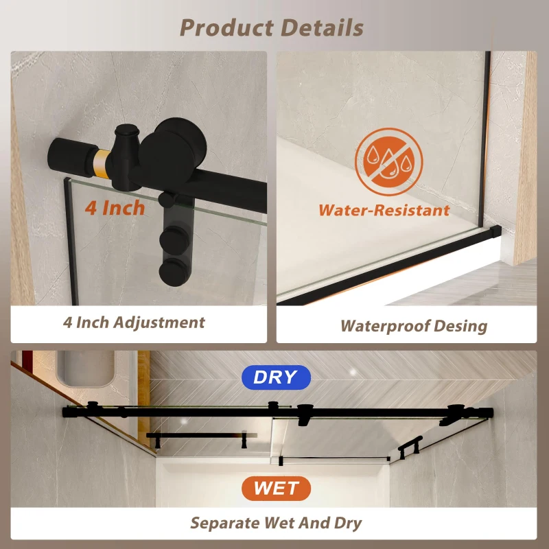 Sliding Bathtub Door with Waterproof Seals and Tempered Glass, Bathroom Door with Towel Bar Handle, 48" L x 0.5" W x 76" H, Matte Black