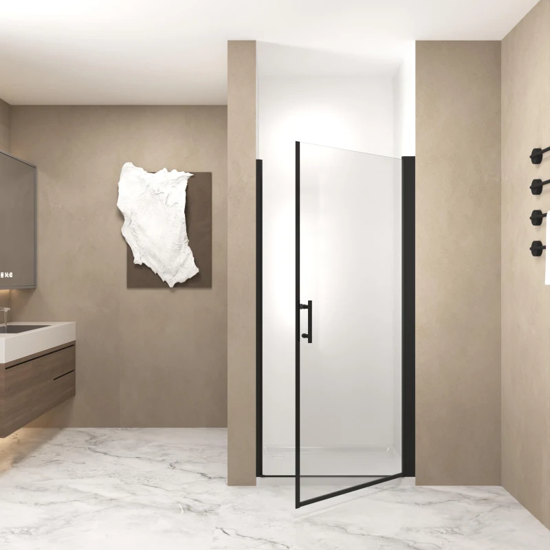 32" Pivot Shower Door with Raised Water-Blocking Strip and Stainless Steel Handle, Space-Saving Panel for Bathroom, 32" L x 0.5" W x 72" H, Matte Black
