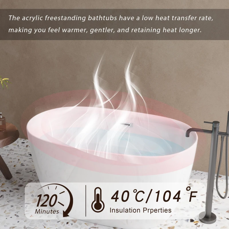 47" Acrylic Freestanding Oval Soaking Bathtub with High-Gloss Finish, Freestanding Tub with Flexible Drain Hose, 47" L x 28" W x 24" H, Gloss White