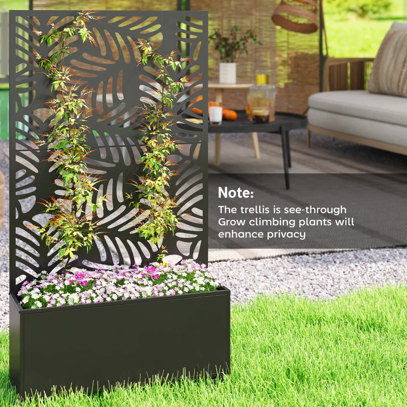Outsunny Metal Planter Box with Trellis, Raised Garden Bed with Monstera Leaf Cut-Out Privacy Screen and Wheels