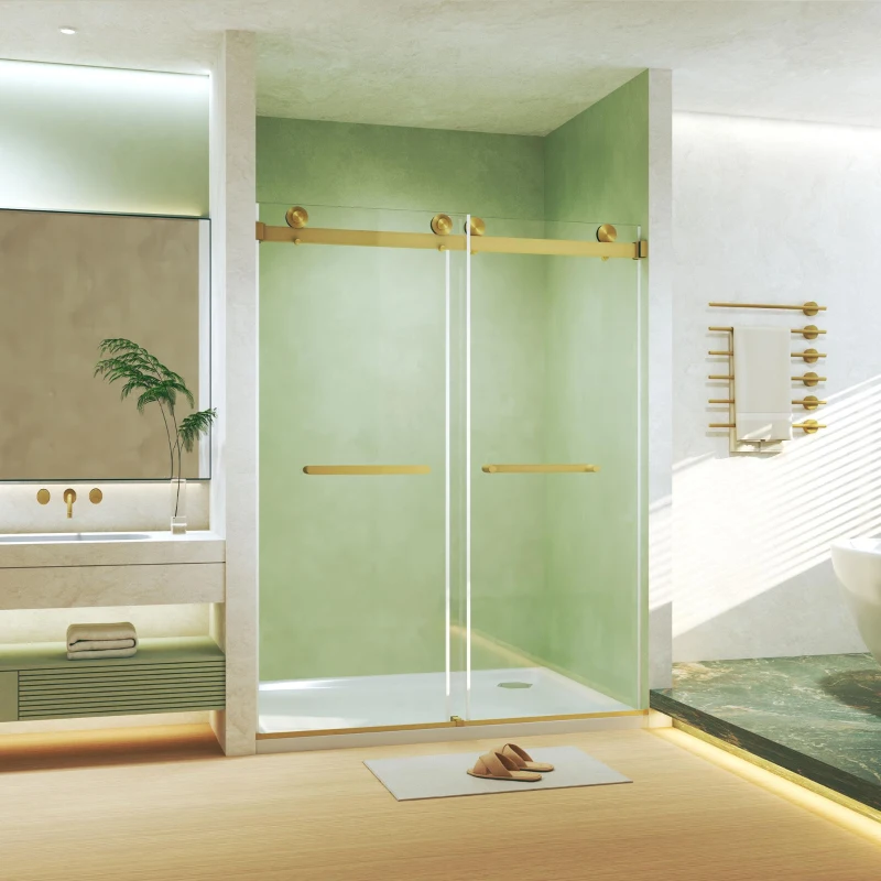 Frameless Double Sliding Shower Door with Silent Rollers, Bathroom Door with Square Tube Track, 60" L x 0.5" W x 74" H, Brushed Gold