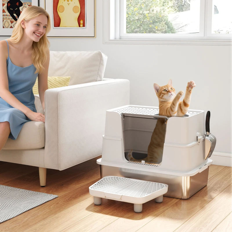 PawHut XL Stainless Steel Litter Box w/ 100° Flip Top, Scoop, Step, Top & Side Entry Enclosed Litter Box for Big Cats