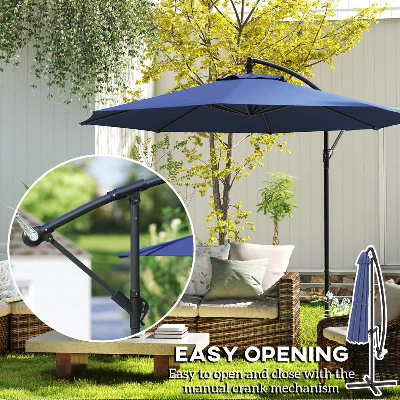 Outsunny 9.7ft Offset Patio UmbrellaCantilever Parasol with Crank Handle, 8 Ribs and Cross Base for Outdoor, Sun Shade, Blue