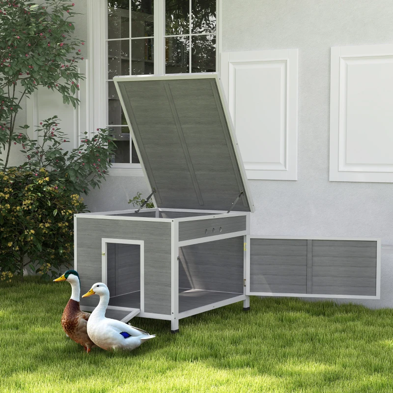 PawHut Duck Coop, Wooden Chicken House Rabbit Hutch with Openable Roof, Removable Floor, Double Doors, Ramp, Grey