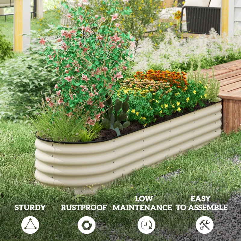 Outsunny 8 x 2 x 1.5 FT Galvanized Steel Raised Garden Bed, Metal Garden Bed Planter Box with Safety Edging, Cream White