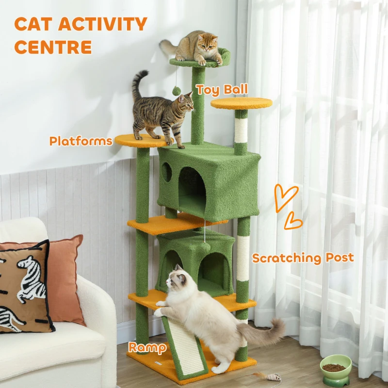 PawHut 63" Cat Tree, Multi-Level Cat Tower with Scratching Posts, Cat Condos, Bed, Platforms, Ramp, Toy Ball, Green