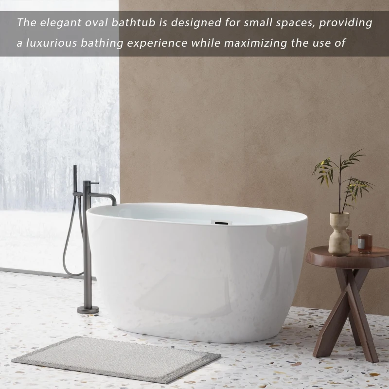 47" Acrylic Freestanding Oval Soaking Bathtub with High-Gloss Finish, Freestanding Tub with Flexible Drain Hose, 47" L x 28" W x 24" H, Gloss White