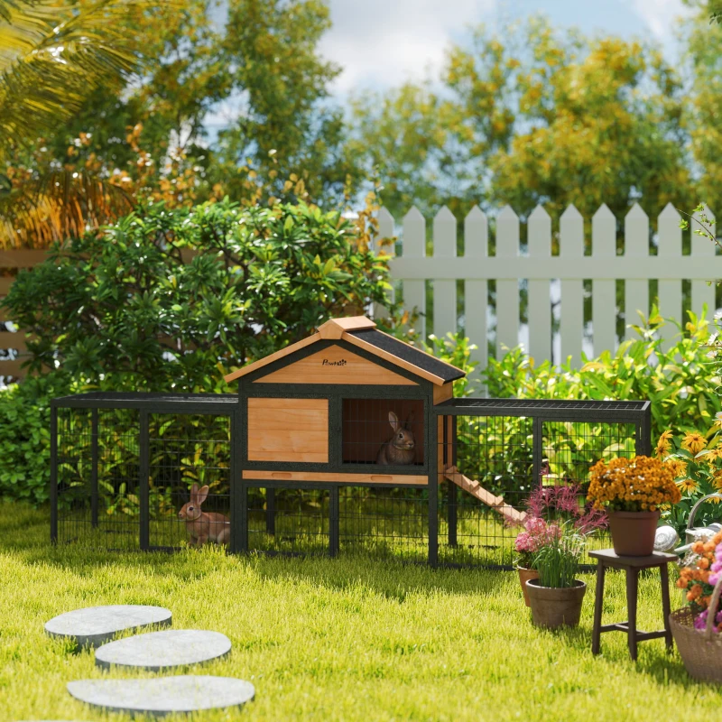 PawHut Rabbit Hutch Outdoor, 85"L Large Wooden Bunny Cage with Run Box, Removable Plastic Tray, Asphalt Roof, Ramp, Yellow