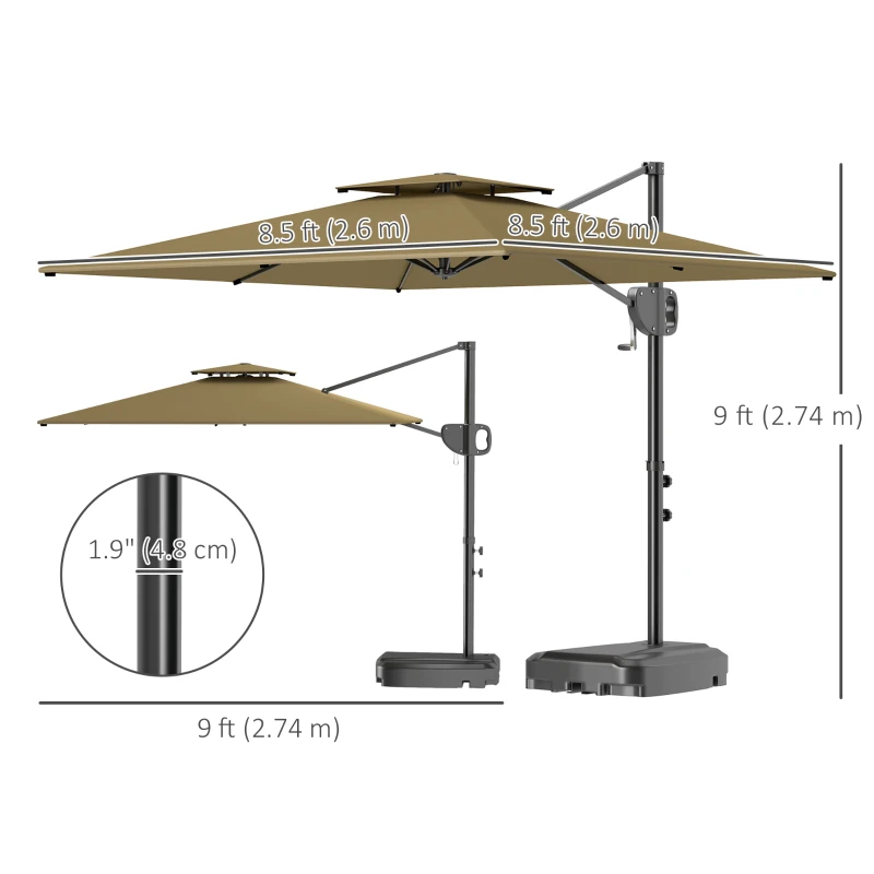 Outsunny Square Cantilever Patio Umbrella, Double Top Patio Hanging Offset Umbrella with Crank & Tilt, 8' x 9', khaki
