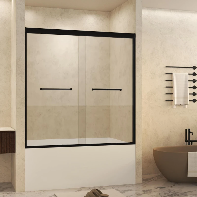 Double Sliding Shower Door with Explosion-Proof Safety Film and Stainless Steel Long Handle, Panel for Bathroom, 60" L x 0.5" W x 60" H, Matt Black