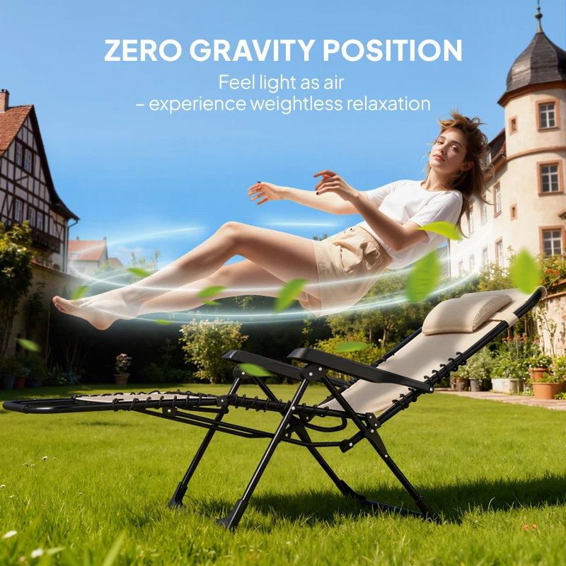 Outsunny Folding Zero Gravity Chair, 5-Position Adjustable Outdoor Lounge Chair Recliner with Headrest, Beige