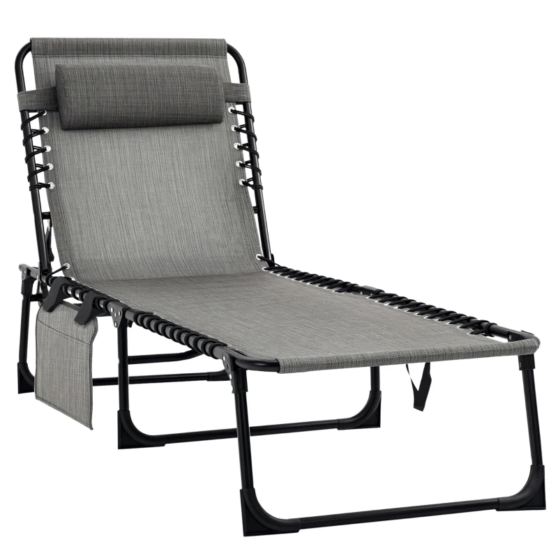 Outsunny Outdoor Folding Chaise Lounge, Reclining Lounge Chair with Adjustable Backrest and Removable Pillow, Mixed Grey