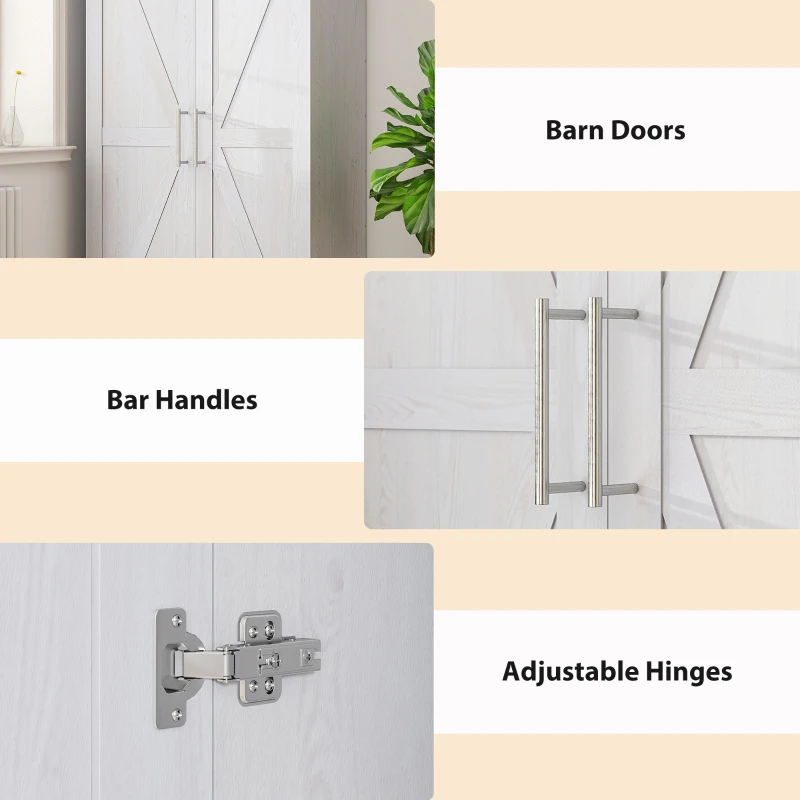 HOMCOM Wardrobe Cabinet with 2 Barn Doors and Hanging Rod, Farmhouse Armoire Wardrobe Closet for Bedroom, White Wood Effect