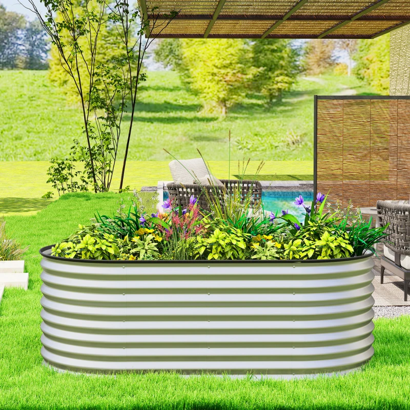 Outsunny 5 x 2.5 x 2 ft Galvanized Raised Garden Bed, Easy DIY Oval Planter Box with Safety Edging and Gloves, Silver