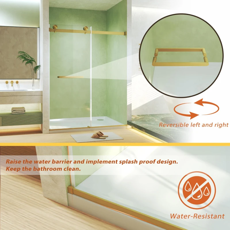 Frameless Double Sliding Shower Door with Silent Rollers, Bathroom Door with Square Tube Track, 60" L x 0.5" W x 74" H, Brushed Gold