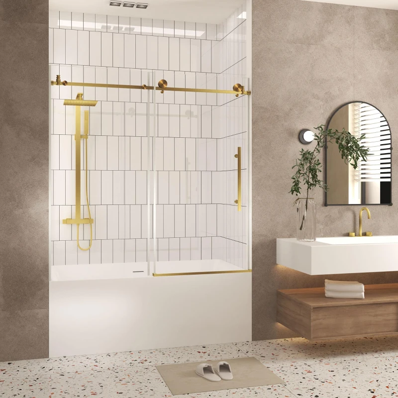 Frameless Sliding Shower Door with Smooth Quiet Stainless Steel Rollers & Round Tracks, Panel for Bathroom, 60" L x 0.5" W x 60" H, Brushed Gold