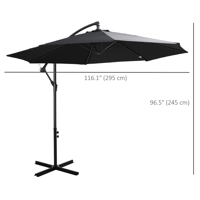 Outsunny 9.7ft Offset Patio UmbrellaCantilever Parasol with Crank Handle, 8 Ribs and Cross Base for Outdoor, Sun Shade, Black