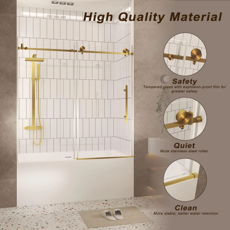 Frameless Sliding Shower Door with Smooth Quiet Stainless Steel Rollers & Round Tracks, Panel for Bathroom, 60" L x 0.5" W x 60" H, Brushed Gold