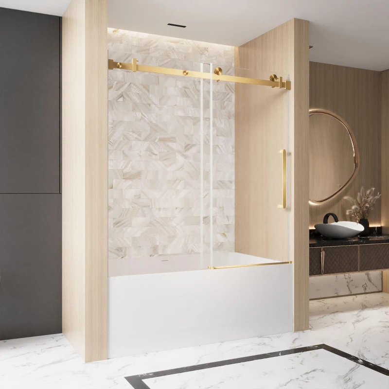 Frameless Shower Door with Anti-Shatter Safety Film and Bottom Water-Blocking Strip, Panel for Bathroom, 60" L x 0.5" W x 60" H, Brushed Gold