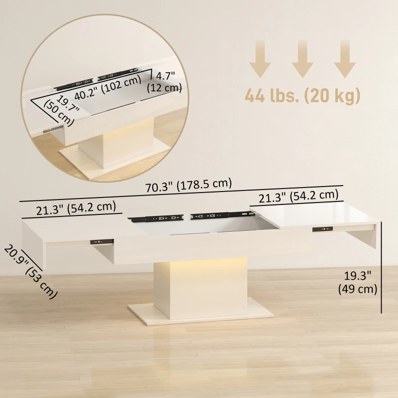 HOMCOM Extendable Coffee Table with LED Lights, Modern High Gloss Center Table with Hidden Storage for Living Room, White