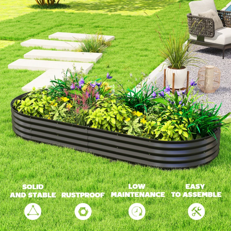 Outsunny 7' x 3' x 1' Large Outdoor Planter Box, Galvanized Raised Garden Bed with Metal Plant Stake, Black