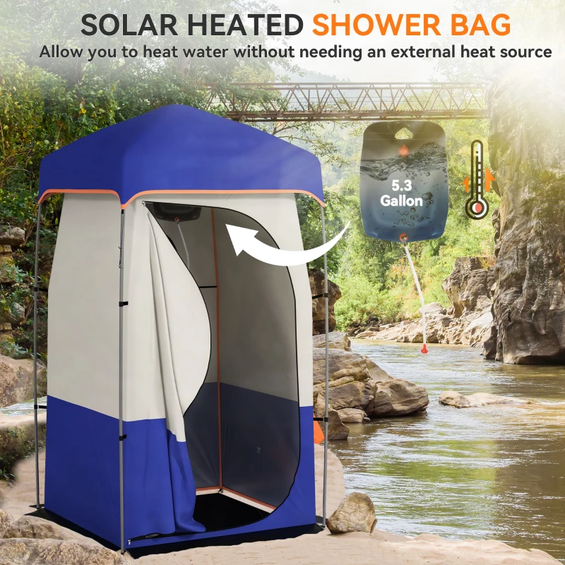 Outsunny Camping Shower Tent, Portable Privacy Shelter with Solar Shower Bag, Removable Floor and Carrying Bag, Blue