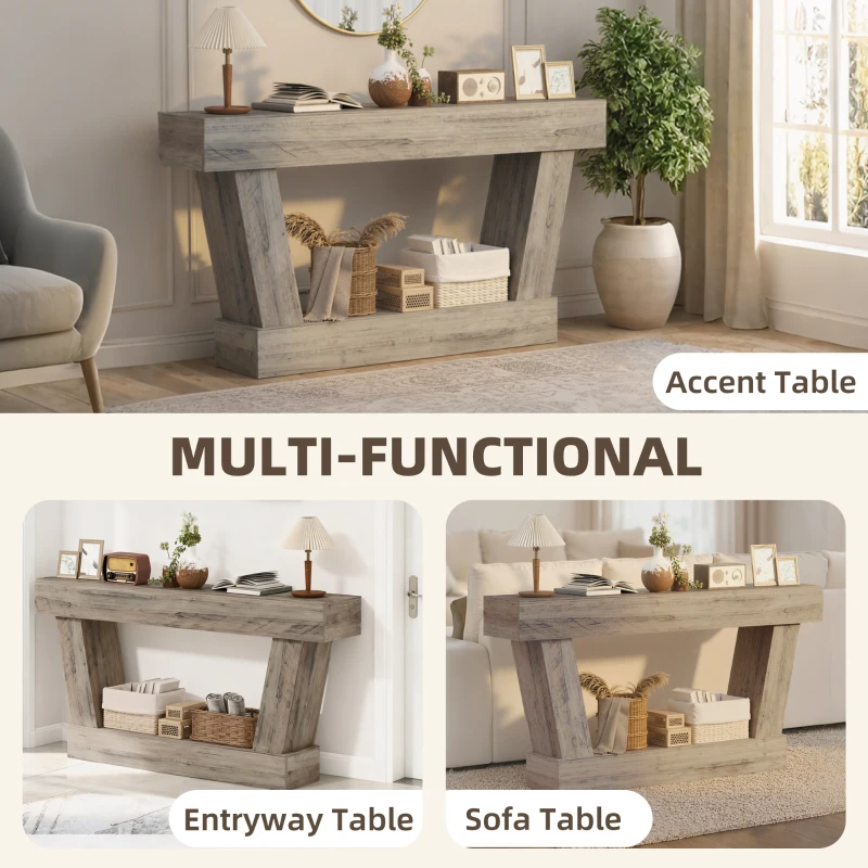 HOMCOM 63 Inch Vintage Console Table, Narrow Entryway Table with Open Shelf for Living Room, Light Brown