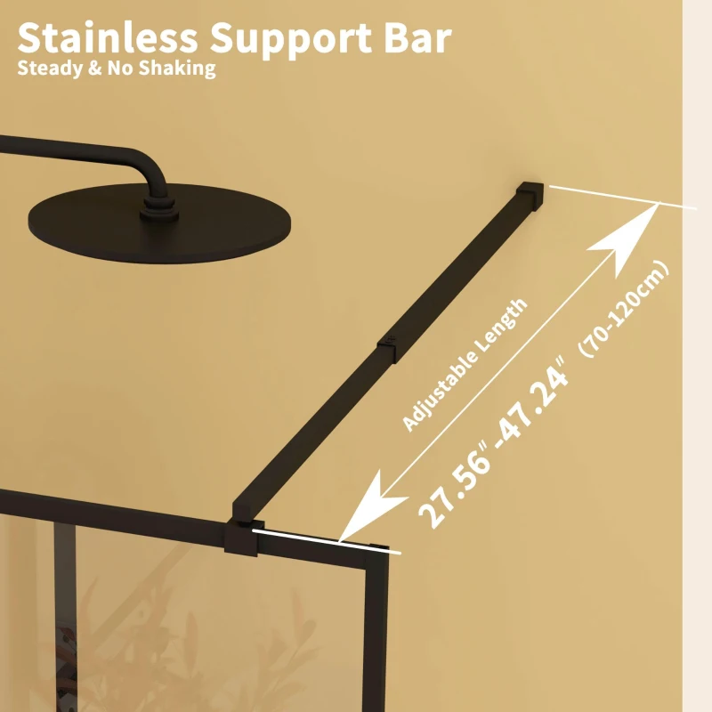 Framed Glass Shower Screen with Safety Film and Tempered Glass, Door with Stainless Steel Support Rod, 34" L x 0.5" W x 72" H, Matte Black