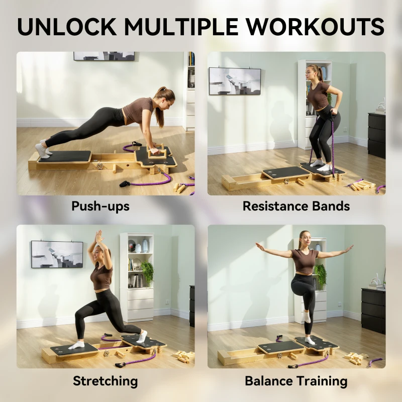 Soozier Portable Pilates Reformer Machine, Multifunctional Pilates Board with Resistance Bands and Multi-Grips for Home Gym