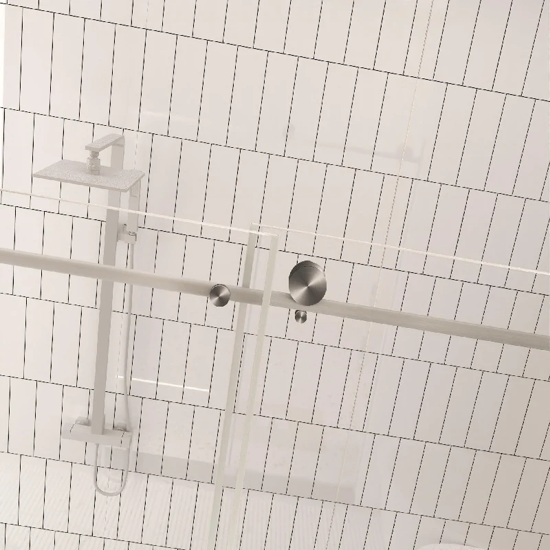 Frameless Shower Door with Anti-Shatter Safety Film and Bottom Water-Blocking Strip, Panel for Bathroom, 60" L x 0.5" W x 76" H, Brushed Nickel