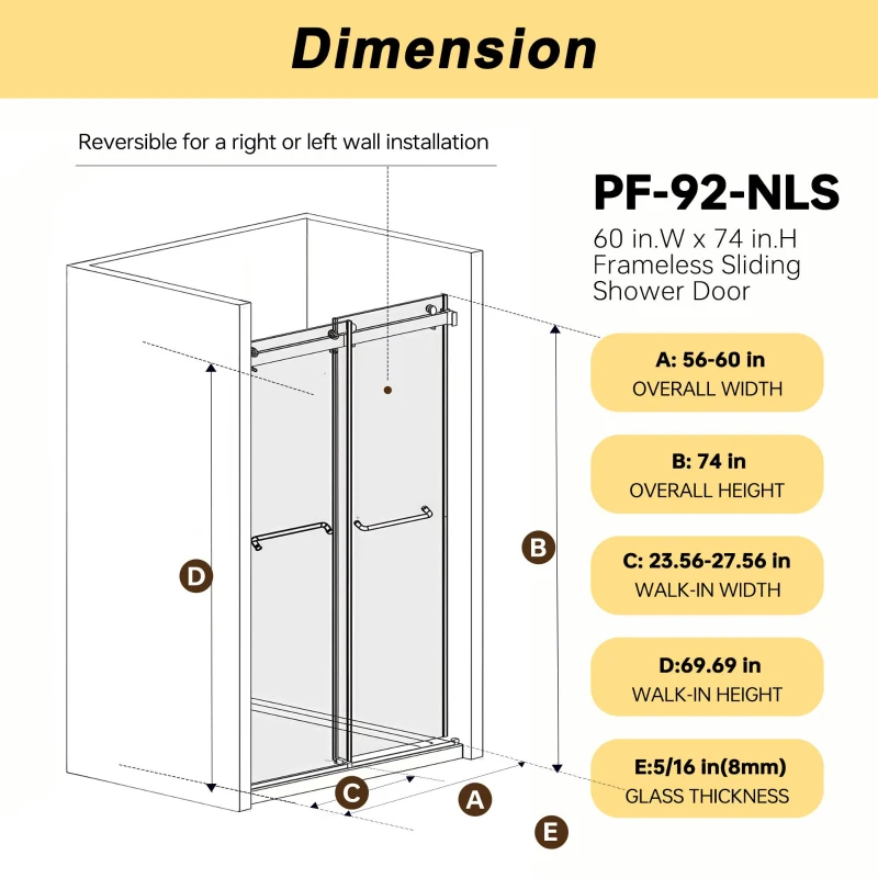 Frameless Double Sliding Shower Door with Silent Rollers, Bathroom Door with Square Tube Track, 60" L x 0.5" W x 74" H, Brushed Nickel