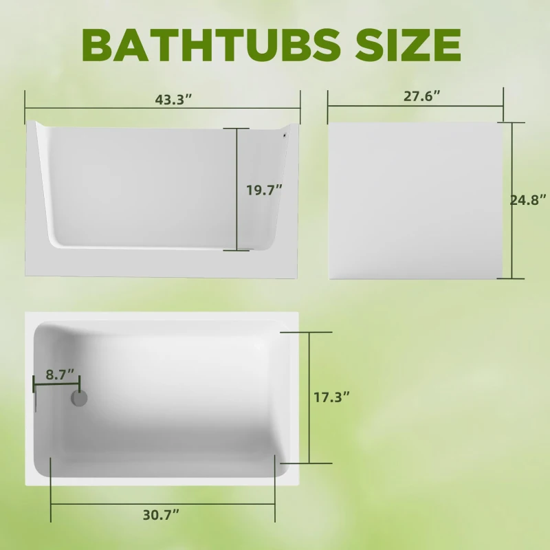 43" Acrylic Freestanding Bathtub with UV5 Anti-Yellowing and 8-Layer Insulation, Tub for Bathroom, 43.5" L x 27.5" W x 25" H, Gloss White