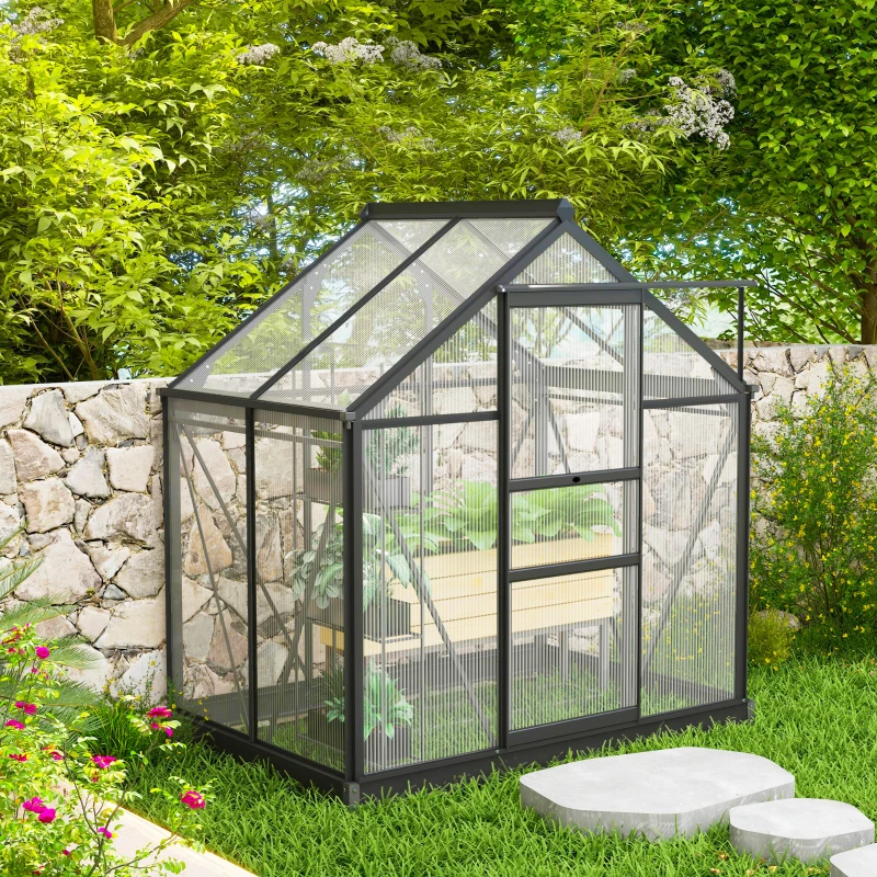 Outsunny Polycarbonate Greenhouse, Heavy Duty Outdoor Aluminum Walk-in Green House Kit Vent Door, 6.2'x4.3'x6.6' Gray