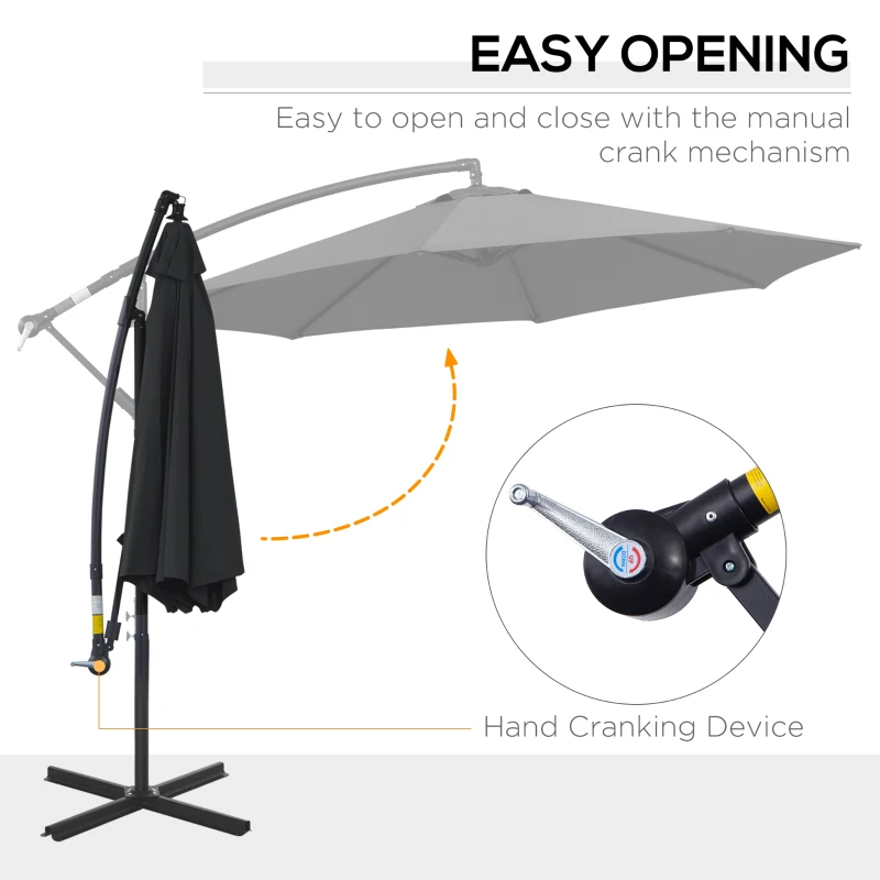 Outsunny 9.7ft Offset Patio UmbrellaCantilever Parasol with Crank Handle, 8 Ribs and Cross Base for Outdoor, Sun Shade, Black