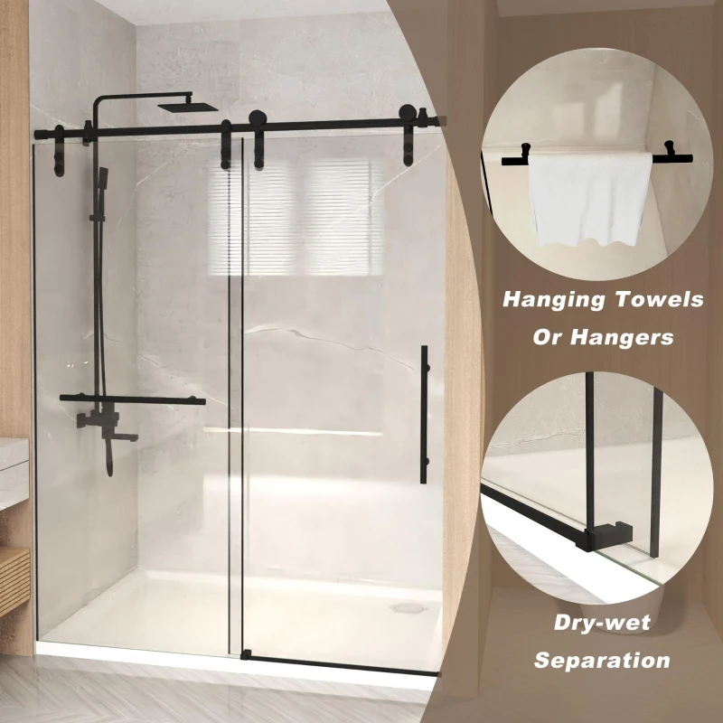Sliding Bathtub Door with Waterproof Seals and Tempered Glass, Bathroom Door with Towel Bar Handle, 54" L x 0.5" W x 76" H, Matte Black