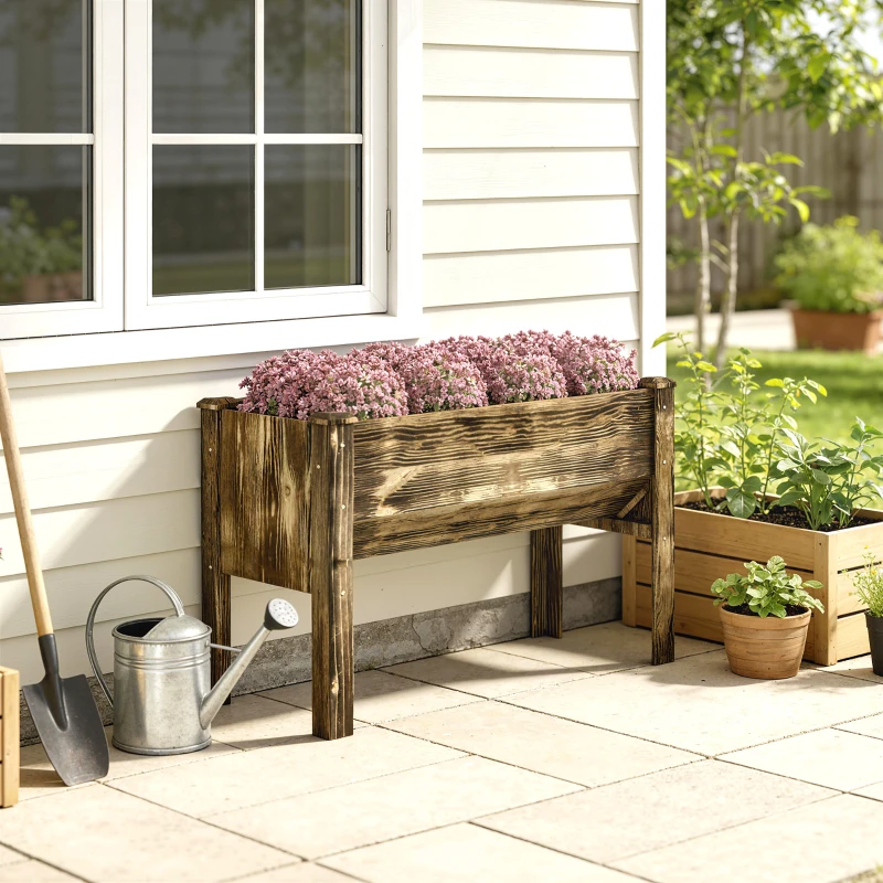 Outsunny Wooden Raised Garden Plant Stand Outdoor Tall Flower Bed Box with Hooks, 48" x 24" x 32", Carbonized