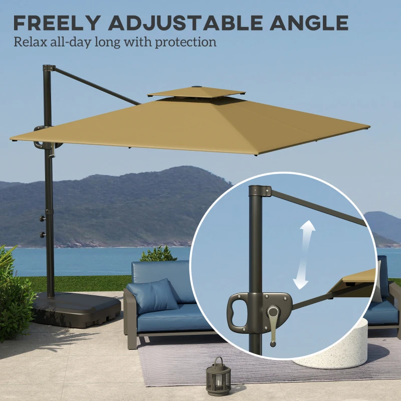 Outsunny Square Cantilever Patio Umbrella, Double Top Patio Hanging Offset Umbrella with Crank & Tilt, 8' x 9', khaki